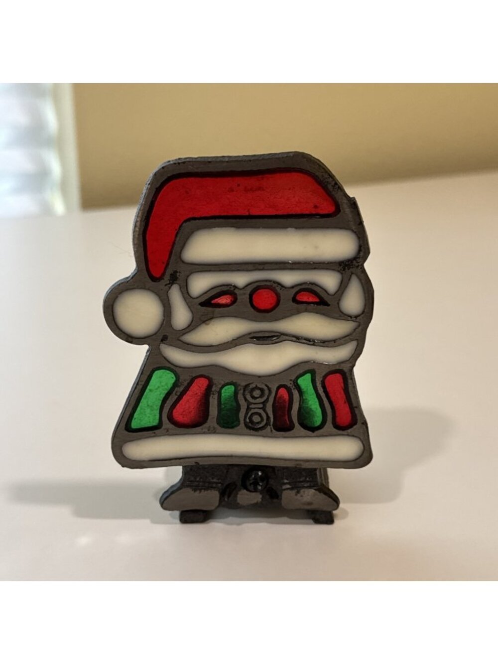Vintage Cast Iron Stained Glass Santa Claus Votive Candle Holder Christmas 6.5"